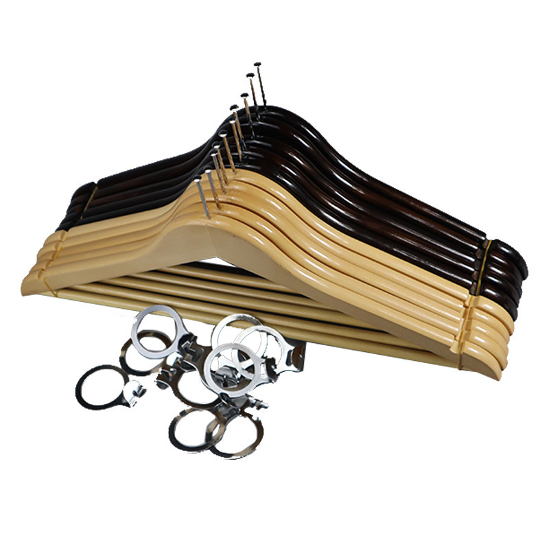 Hotel anti-theft wooden hanger with ring hook black non-slip clip, hang clothes at the same time can hang pants