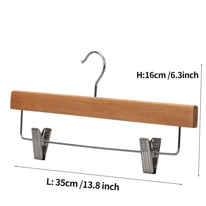 Natural Wooden Pants Hangers Hook Clothes Hangers  with Metal Clips