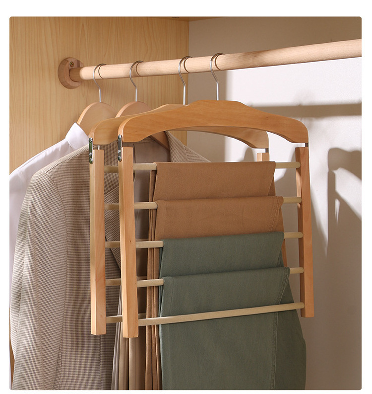 Multifunctional Non-slip Wooden Hanger Flocked Hangers 5 Layers Pants Hangers Space Saving For Closet Organizer