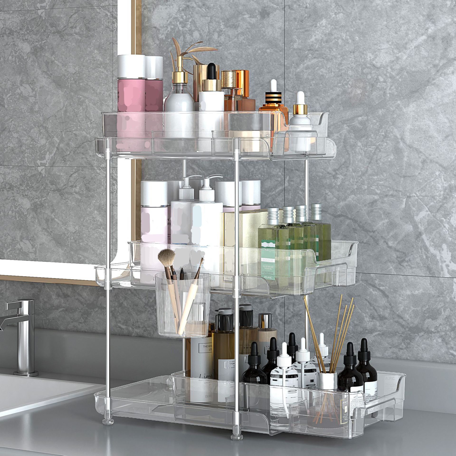 2 Tier Clear Slide Storage Box Transparent Drawer Organizer Cosmetic Rack Units 2 Pack Under Sink Organizer For Bathroom