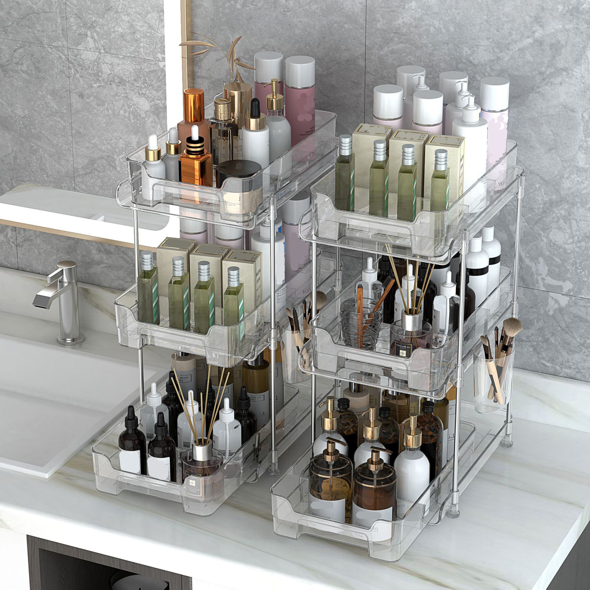 2 Tier Clear Slide Storage Box Transparent Drawer Organizer Cosmetic Rack Units 2 Pack Under Sink Organizer For Bathroom