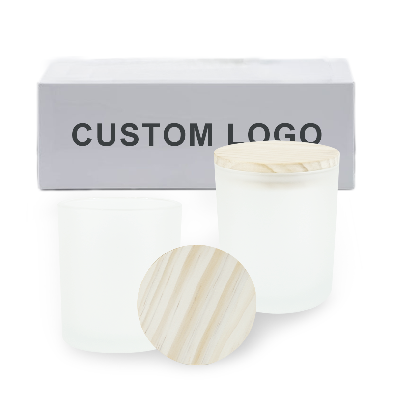 wholesale custom frosted glass candle jars with wooden metal lids in bulk