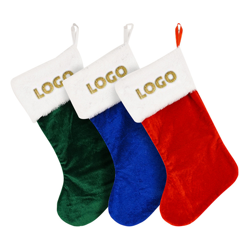 Customized Logo OEM Embroidery Logo 20Inch Soft Thick Lining Christmas Stockings with Soft Artificial Fur Cuff