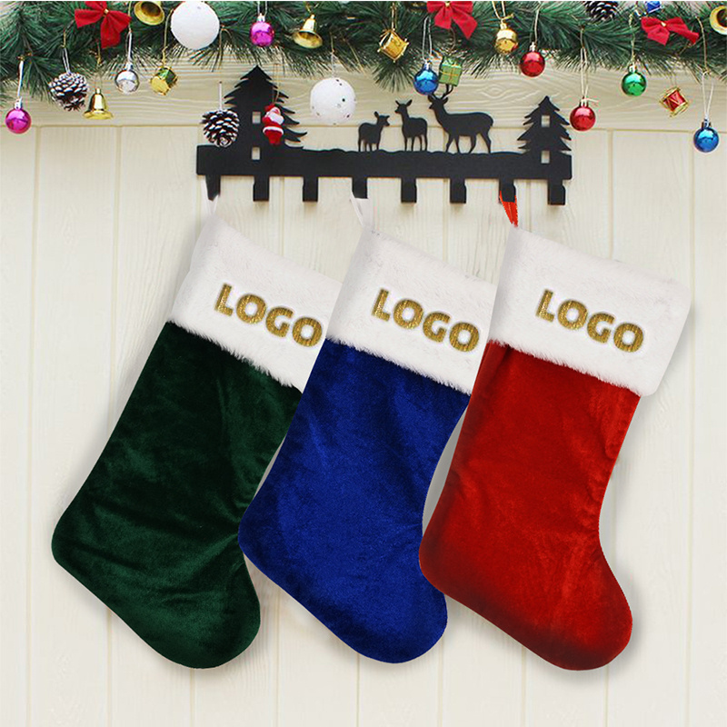 Customized Logo OEM Embroidery Logo 20Inch Soft Thick Lining Christmas Stockings with Soft Artificial Fur Cuff