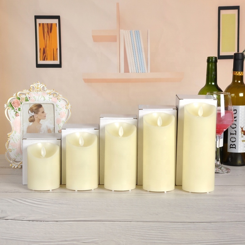 Flickering White Pillar Led Candles Sets Electronic Plastic Flameless Led Candle With Battery Remote Operated