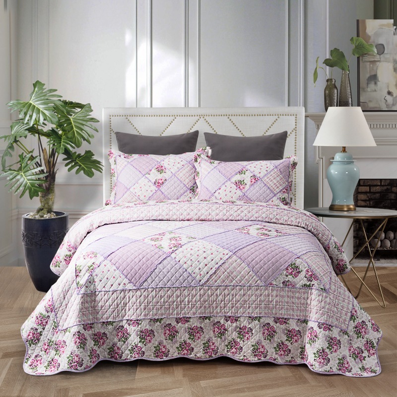 Purple Wholesale Fancy Quilted Bedspreads Luxury Patchwork Bedding Set Bedspread Set with Ruffles