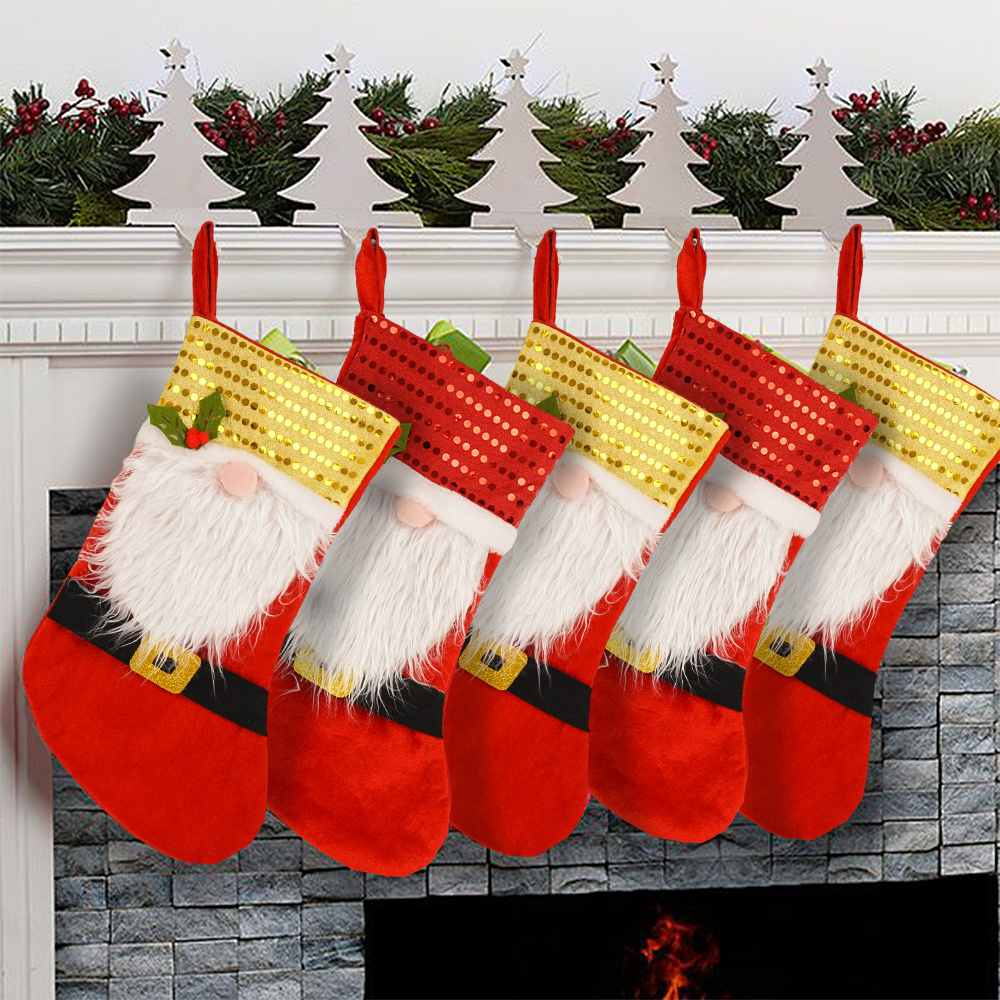 Cheap OEM Logo Soft Gnome Christmas Decorations Velvet Sequin Christmas Stocking