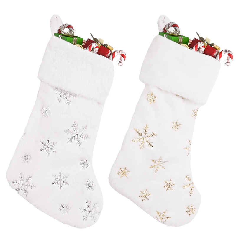 18Inch Super Soft Material Fake Rabbit Fur Christmas Stockings With Embroidered Gold Sequin Snowflake