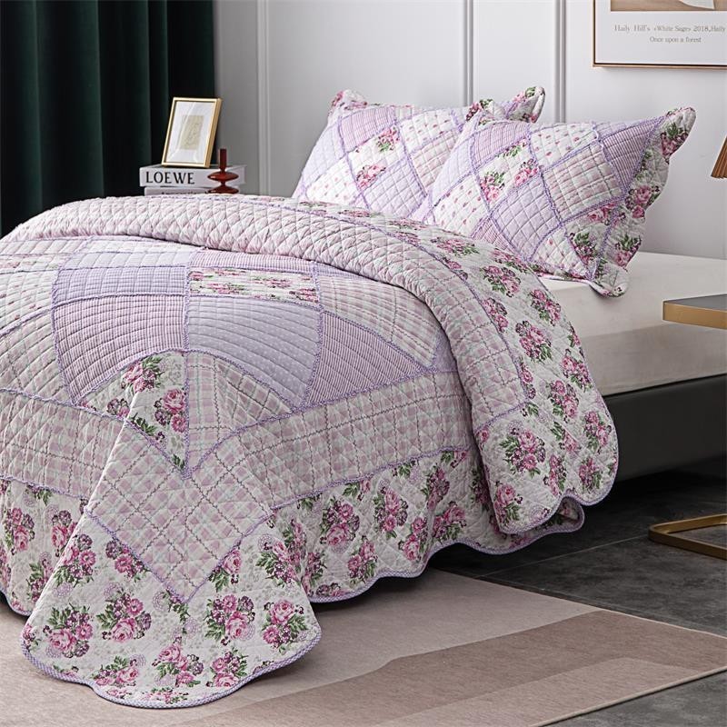 Purple Wholesale Fancy Quilted Bedspreads Luxury Patchwork Bedding Set Bedspread Set with Ruffles