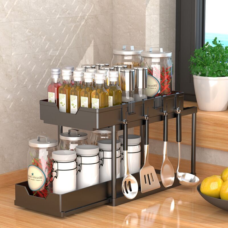 2 Tier Sliding Storage Boxes Kitchen Sink Organization Put Out Drawer under sink organizers and storage