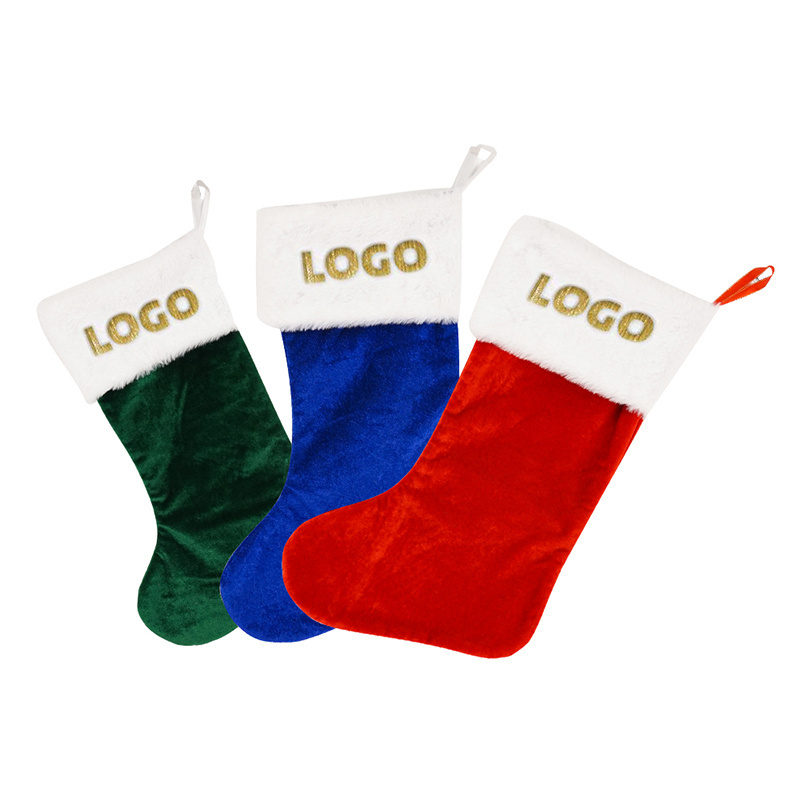 Customized Logo OEM Embroidery Logo 20Inch Soft Thick Lining Christmas Stockings with Soft Artificial Fur Cuff