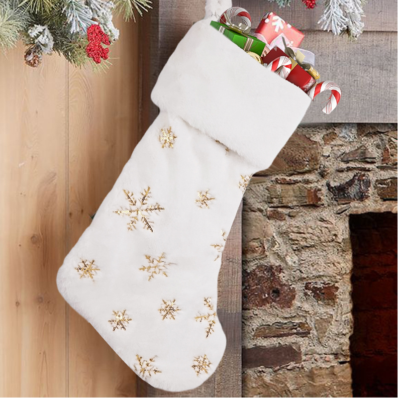 18Inch Super Soft Material Fake Rabbit Fur Christmas Stockings With Embroidered Gold Sequin Snowflake