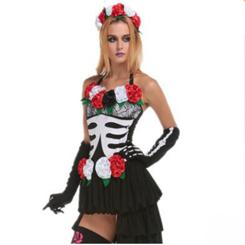 Women Black terror Halloween Ghost bride maid Costume Printed Skeleton Cosplay Zombie Fancy Dress with headwear,skeleton