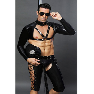 Men Sexy PVC Costume Sexy Leather Lingerie Night Club Latex Suit Black Uniform Police Vest