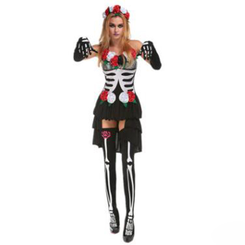 Women Black terror Halloween Ghost bride maid Costume Printed Skeleton Cosplay Zombie Fancy Dress with headwear,skeleton