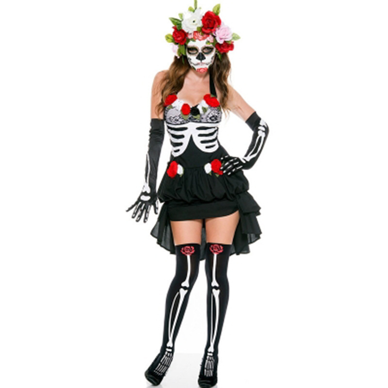 Women Black terror Halloween Ghost bride maid Costume Printed Skeleton Cosplay Zombie Fancy Dress with headwear,skeleton