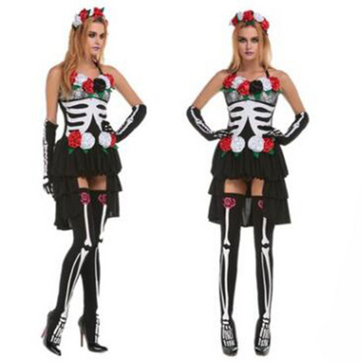 Women Black terror Halloween Ghost bride maid Costume Printed Skeleton Cosplay Zombie Fancy Dress with headwear,skeleton