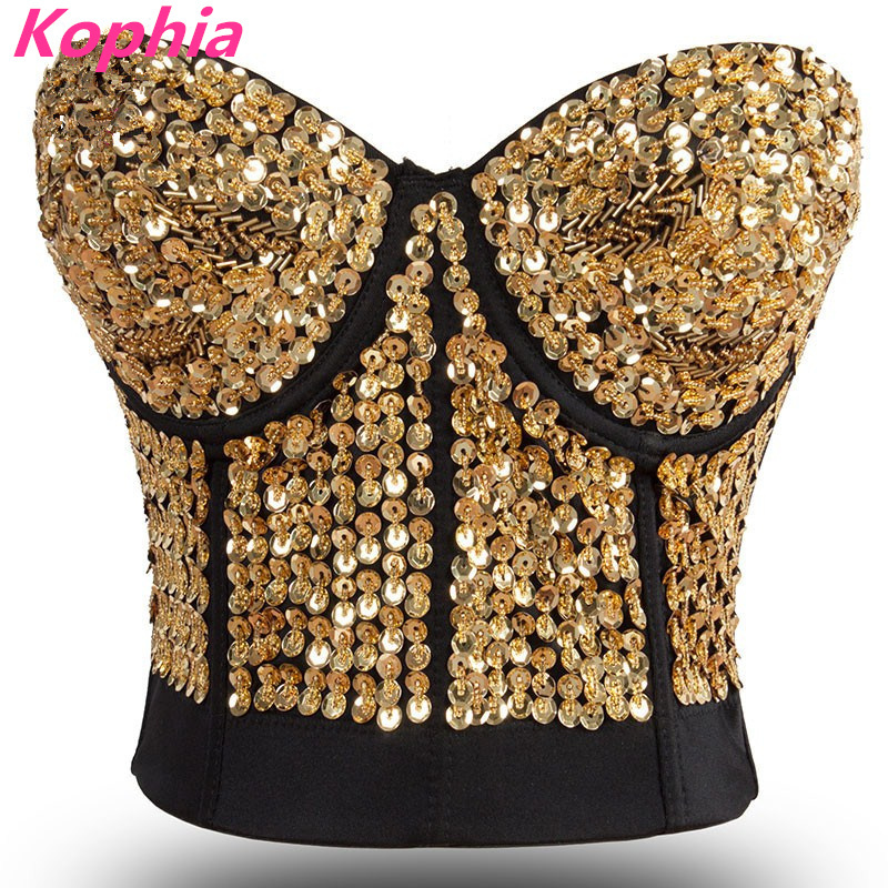 Shiny Gold Sequins Sexy Bralette Top Sexy Women Bustier Bra Strapless Front Push Up Bra