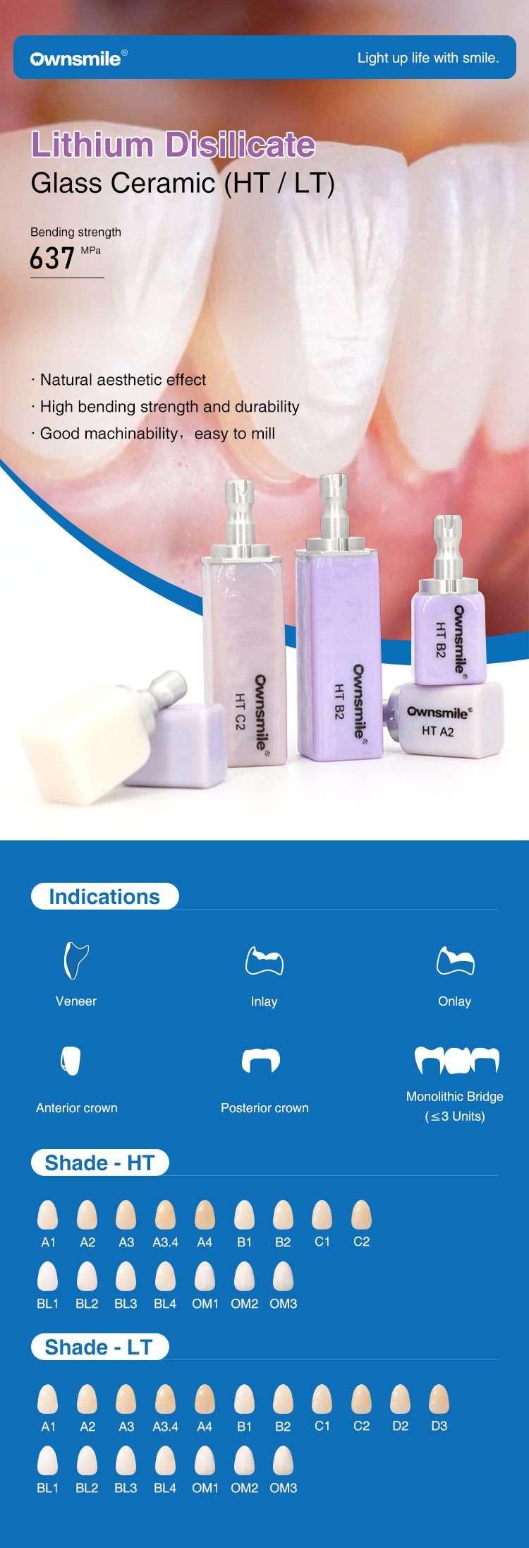 Ownsmile Dental Lab Products Veneer Lithium Disilicate Glass Ceramics C14  HT LT Cerec Emax Blocks Dental Glass Ceramic Disc