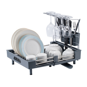 OWNSWING  Multi-functional Kitchen Stainless Steel Telescopic Dish Storage Rack With Glass Hanger Shelf