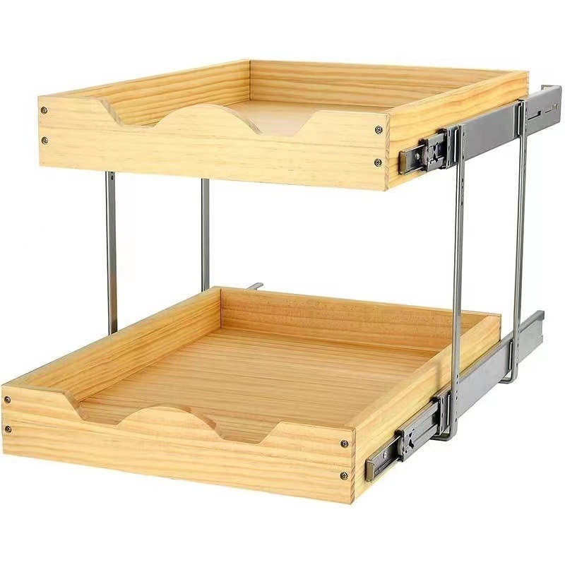 Pull Out Drawer For Cabinet 2 Tier Slide Out Metal Wood Storage Rack Shelf for Cabinets Under Sink Organizer for Kitchen