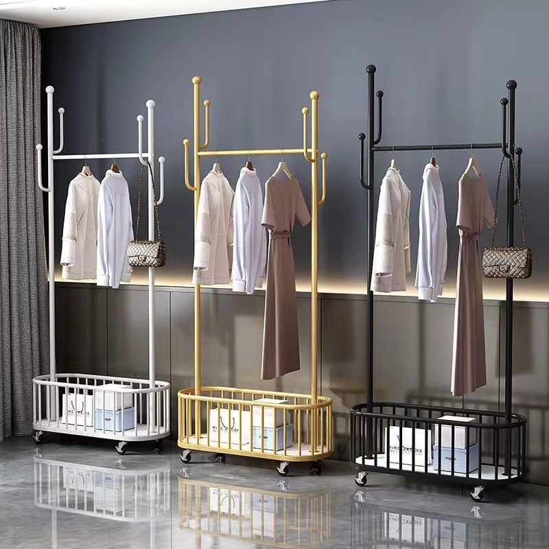 OWNSWING Movable Clothes Rack Light Luxury Floor Hanger Stand Storage Wardrobe Hangers Drying Rack With Basket Balcony Coat Rack