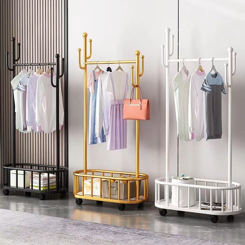 OWNSWING Movable Clothes Rack Light Luxury Floor Hanger Stand Storage Wardrobe Hangers Drying Rack With Basket Balcony Coat Rack