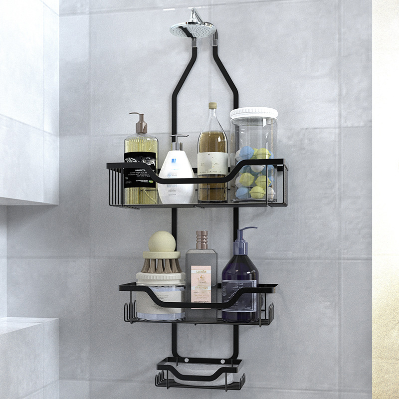 OWNSWING Black Metal Bathroom Shelf For Body Wash Shampoo Soap Storage Shower Head Hanging Shower Caddy Bathroom Organizer