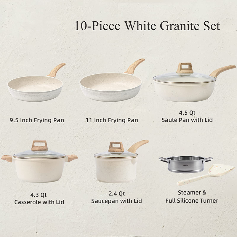 10 Pcs PFOS PFOA Free White Granite Induction Kitchen Cookware Non Stick Cooking Pots and  Fry Pans Set