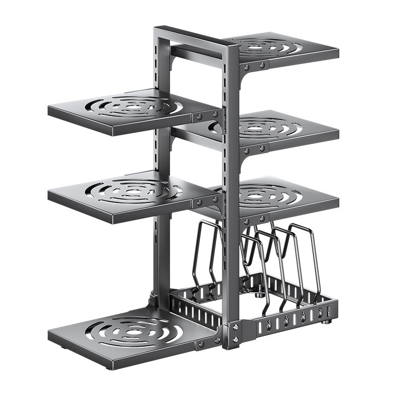 OWNSWING Sink Layered Pot Rack Kitchen Pans Organizer Rustproof Snap-On Carbon Steel Adjustable Pot Storage Rack Under Cabinet