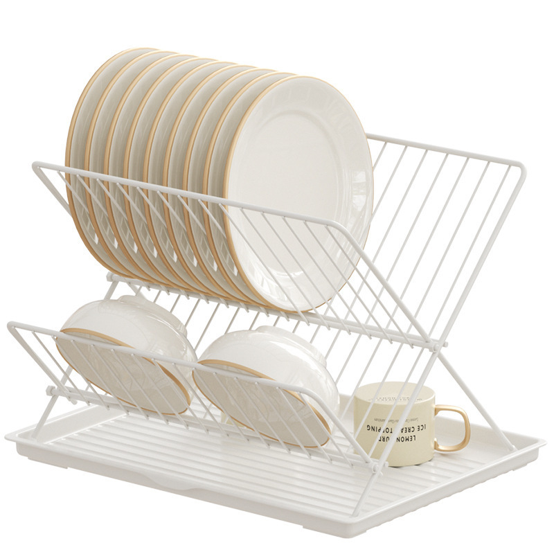 Kitchen Large X Folding Multifunctional Stainless Steel Drainage Rack 2 Tier Strainer Shelf With Tray Drying Dish Cutlery Rack