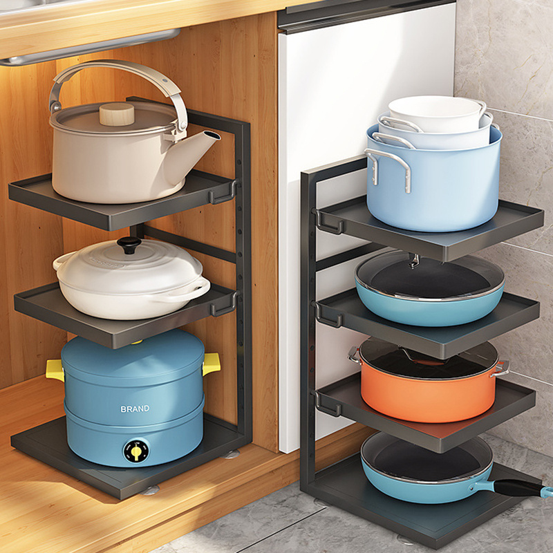 OWNSWING Pot Storage Rack Multi Layer Adjustable Pots Holder Under Sink Cabinet Dishes Pans Shelf Metal Kitchen Pot Organizer