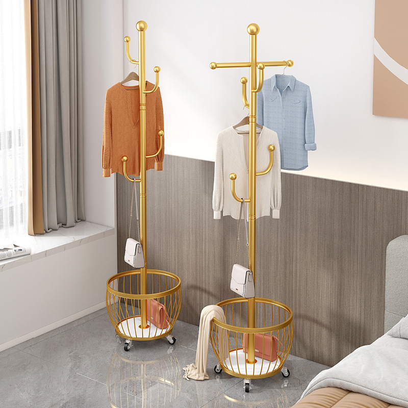 OWNSWING Nordic Bedroom Coat Racks Floor Hanger Light Luxury Iron Living Room Removable Dirty Clothes Basket Simple Storage Rack