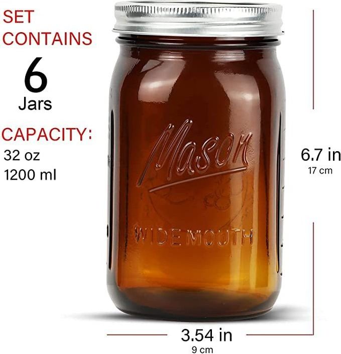 32 OZ Amber Glass Mason Jars With Wide Mouth Large Glass Canning Mason Jars with Airtight Lids Pickle Fermenting Jam Jar