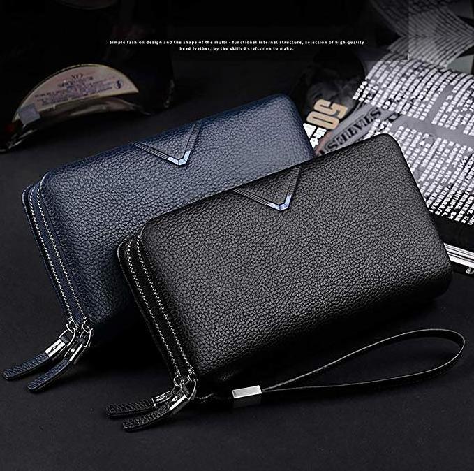 Mens cellphone holder & credit card holder Wallet Genuine Leather Strap Clutch Bag with Double Zipper