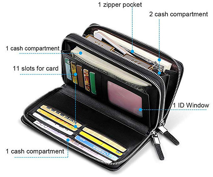 Mens cellphone holder & credit card holder Wallet Genuine Leather Strap Clutch Bag with Double Zipper