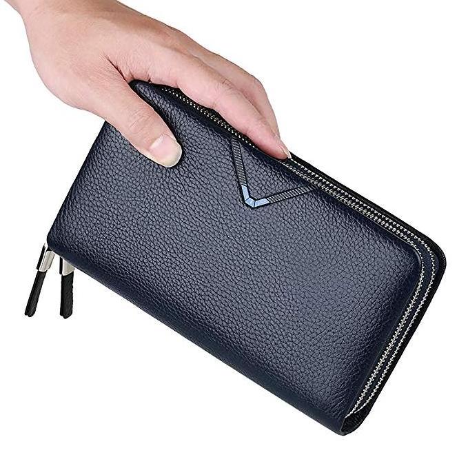 Mens cellphone holder & credit card holder Wallet Genuine Leather Strap Clutch Bag with Double Zipper