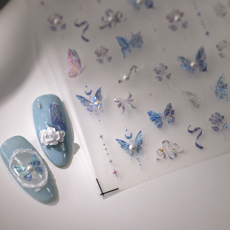 Hot Selling Self Adhesive 3D Nail Sticker Decor Butterfly Pearl Diamond Shape Light Purple Nail Art Sticker With Crystal