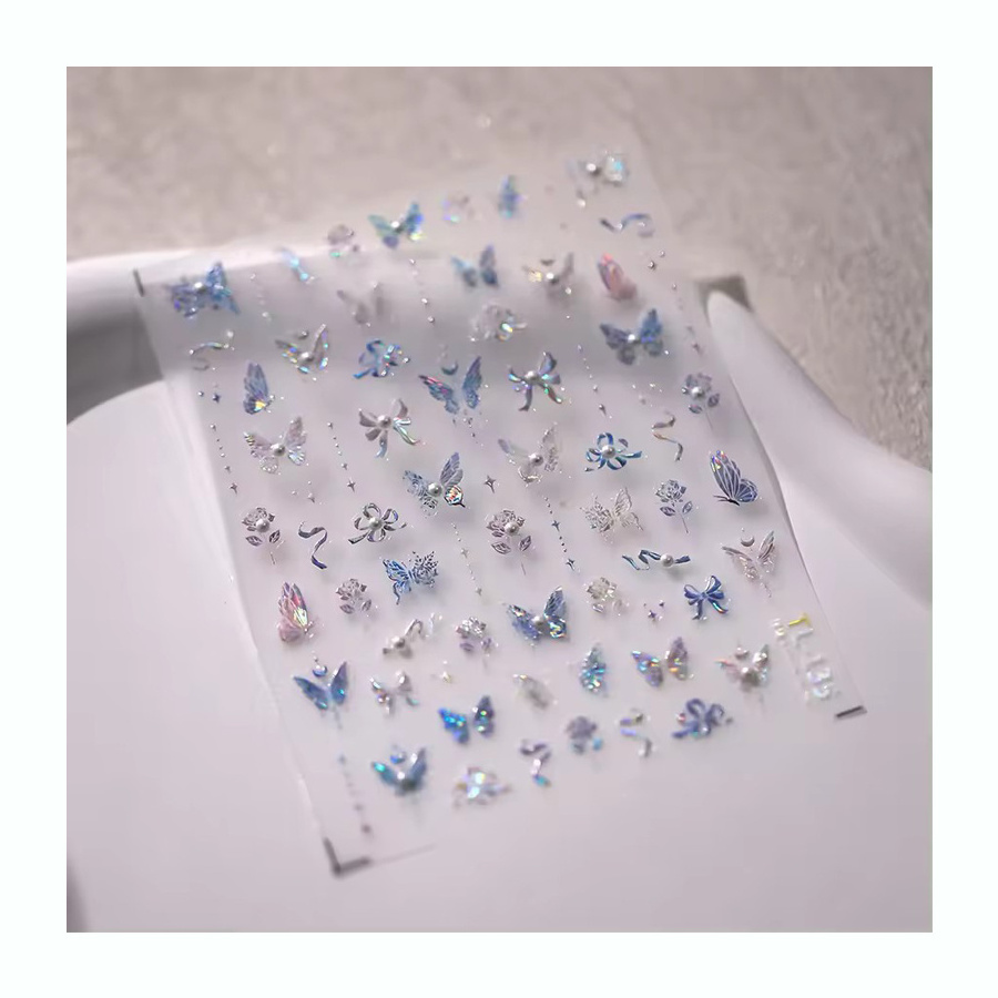 Hot Selling Self Adhesive 3D Nail Sticker Decor Butterfly Pearl Diamond Shape Light Purple Nail Art Sticker With Crystal