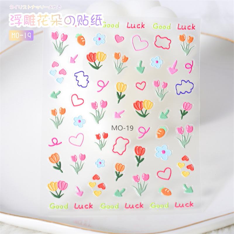 Korea Style 3D Nail Sticker Embossed Self Adhesive Multi Graffiti Flower Heart Shape Colorful Nail Art Sticker Decor