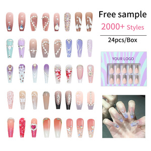 French Long Ballerina Coffin Fake Nails Tips UV Gel Press On Nails False Nail Rhinestones Artificial Fingernails Wholesale