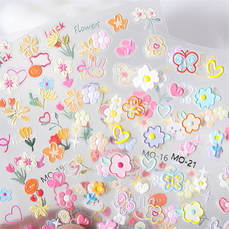 Korea Style 3D Nail Sticker Embossed Self Adhesive Multi Graffiti Flower Heart Shape Colorful Nail Art Sticker Decor