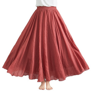 Hot Sale Autumn New Fashion Cotton And Linen Half-length Skirt Solid Color Long Skirt Large Swing Women's Elegant Pleated Skirts