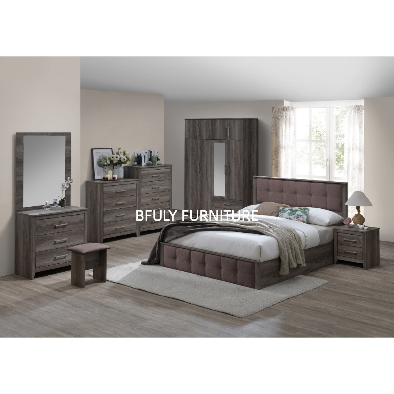 High Quality Full Bedroom Set Include Bed + Wardrobe With 7 Doors 2 Drawers + Drawers Chest x2 + Dressing Table + Side Table