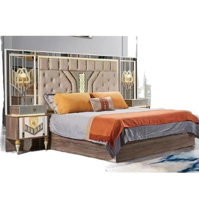 Wholesale full wooden storage bed set furniture complete Mirrored Headboard wood bedroom set