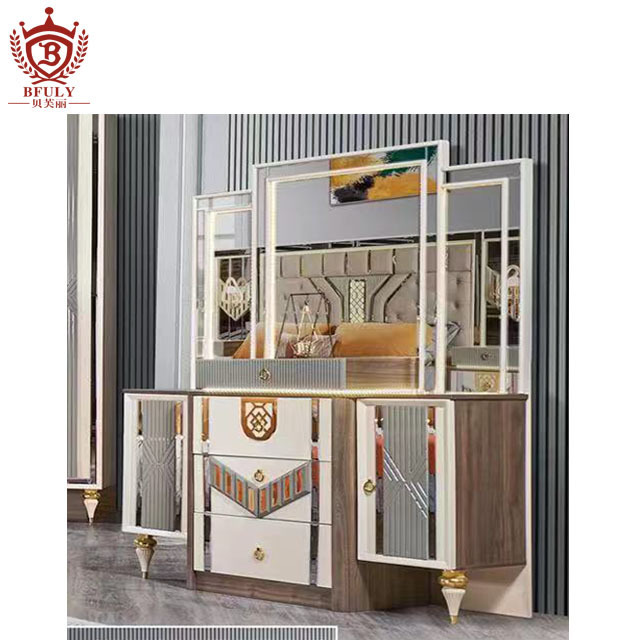 Wholesale full wooden storage bed set furniture complete Mirrored Headboard wood bedroom set