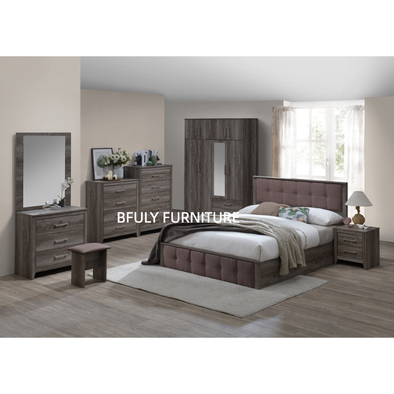 High Quality Full Bedroom Set Include Bed + Wardrobe With 7 Doors 2 Drawers + Drawers Chest x2 + Dressing Table + Side Table