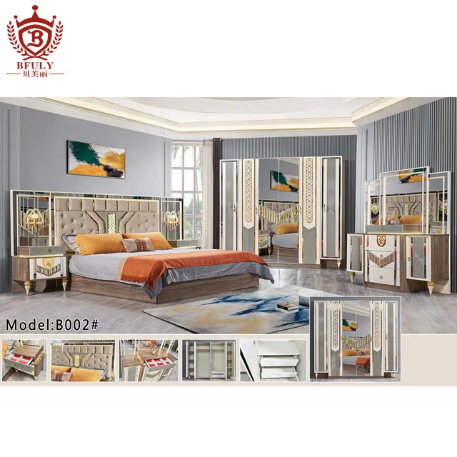 Wholesale full wooden storage bed set furniture complete Mirrored Headboard wood bedroom set