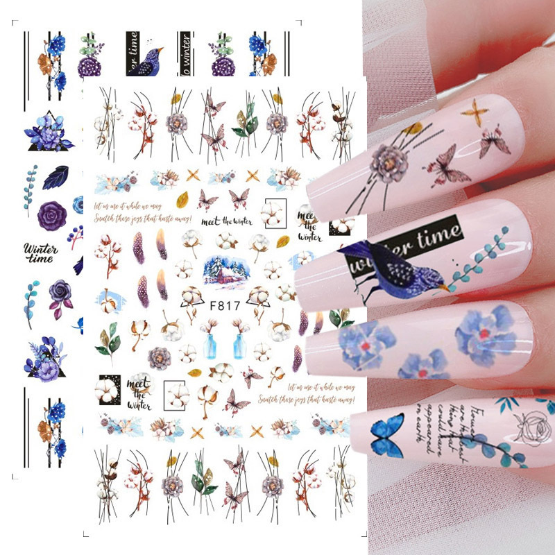 New Design 3D Blue Line Flowers Leaves Butterfly Bird Adhesive DIY Nail Art Sticker Colorful Decals