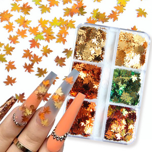 Hot Sale 6grids Fall Winter Nail Art Decoration Metal Decals Maple Leaves Sliders DIY Nail Art Decorations